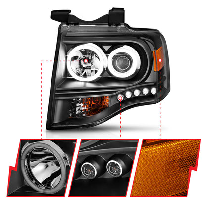 Headlight Set Projector w/Halo Clear Lens Black Housing Pair CCFL Ford Expedition 2007-2014 AnzoUSA-5