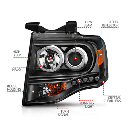 Headlight Set Projector w/Halo Clear Lens Black Housing Pair CCFL Ford Expedition 2007-2014 AnzoUSA-6