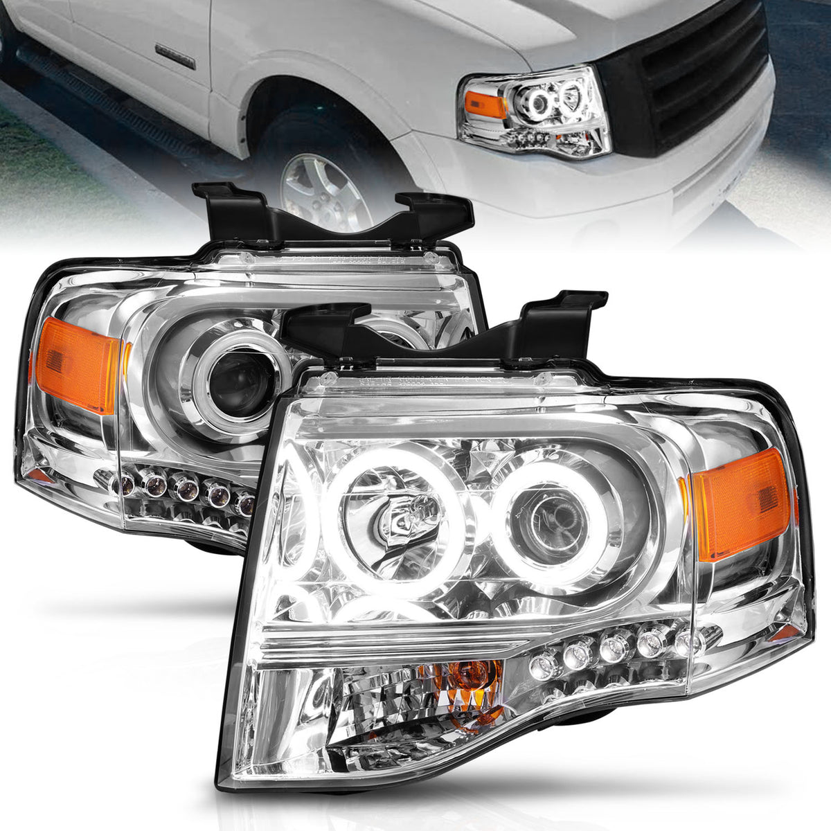 Headlight Set Projector w/Halo Clear Lens Chrome Housing Pair Ford Expedition 2007-2014 AnzoUSA-3