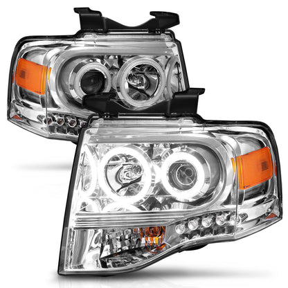 Headlight Set Projector w/Halo Clear Lens Chrome Housing Pair Ford Expedition 2007-2014 AnzoUSA-4