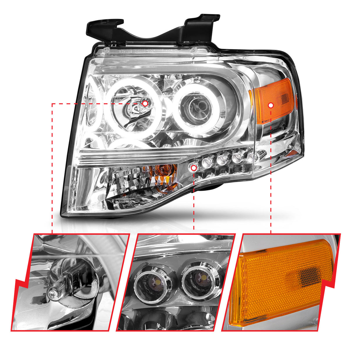 Headlight Set Projector w/Halo Clear Lens Chrome Housing Pair Ford Expedition 2007-2014 AnzoUSA-5