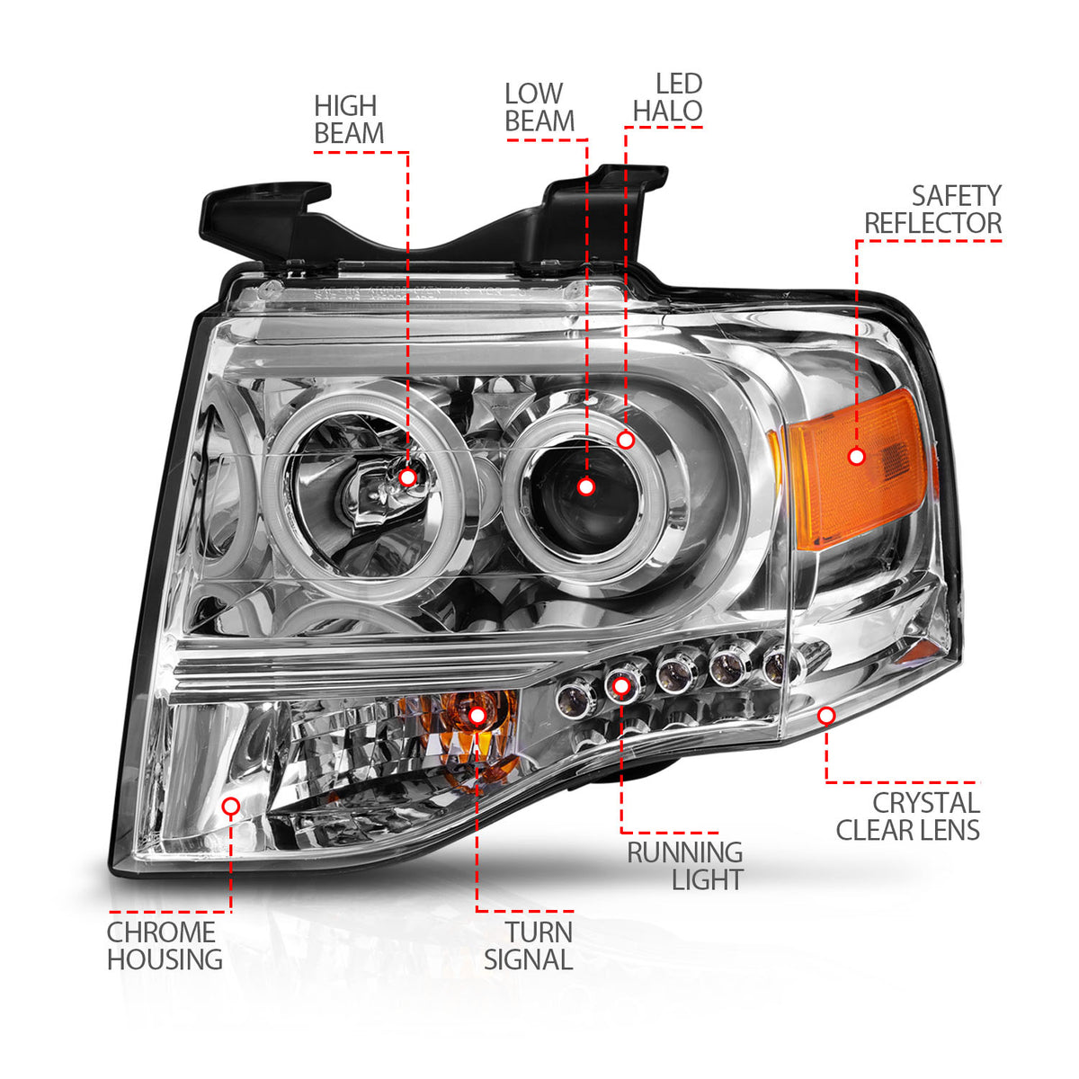 Headlight Set Projector w/Halo Clear Lens Chrome Housing Pair Ford Expedition 2007-2014 AnzoUSA-6