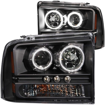 Headlight Set Projector w/Halo Clear Lens Black Housing w/1 Pc. LED Strip Pair CCFL Does Not Fit F-250 Light Duty Or Sealed Beam Models Ford Excursion 2005, Ford F-250/F-350/F-450/F-550 Super Duty 2005-2007 AnzoUSA