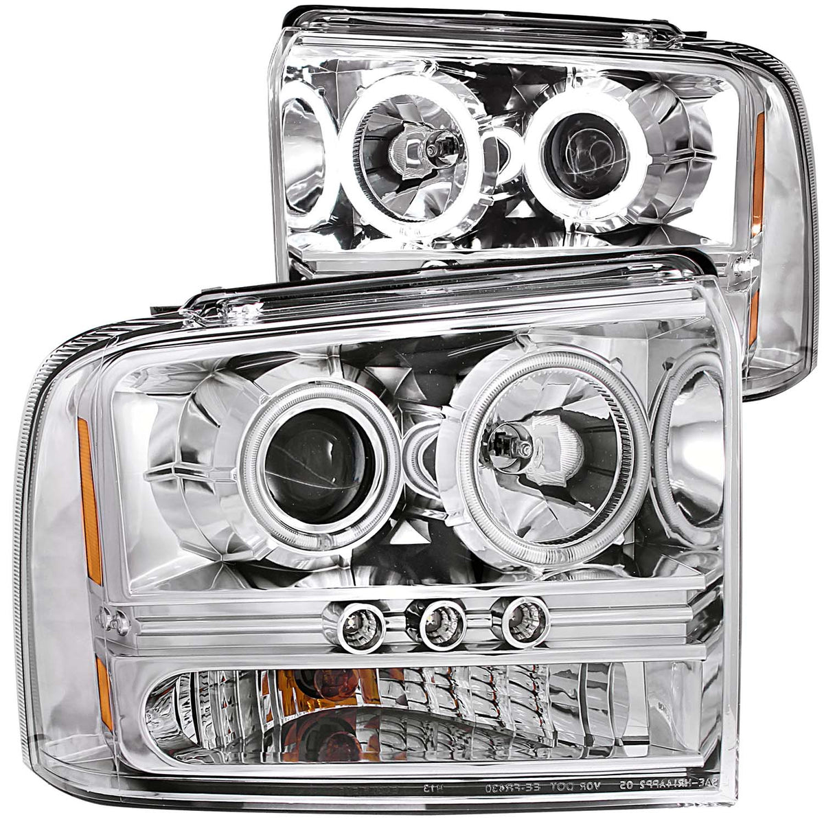 Headlight Set Projector w/Halo Clear Lens Chrome Housing Pair w/1 Pc. LED Does Not Fit F-250 Light Duty Or Sealed Beam Models Ford F-250/F-350/F-450/F-550 Super Duty 2005-2007 AnzoUSA
