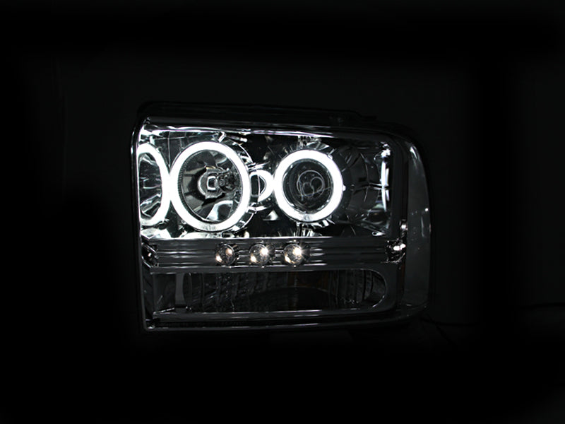 Headlight Set Projector w/Halo Clear Lens Chrome Housing Pair w/1 Pc. LED Does Not Fit F-250 Light Duty Or Sealed Beam Models Ford F-250/F-350/F-450/F-550 Super Duty 2005-2007 AnzoUSA-2