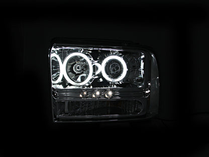Headlight Set Projector w/Halo Clear Lens Chrome Housing Pair w/1 Pc. LED Does Not Fit F-250 Light Duty Or Sealed Beam Models Ford F-250/F-350/F-450/F-550 Super Duty 2005-2007 AnzoUSA-2