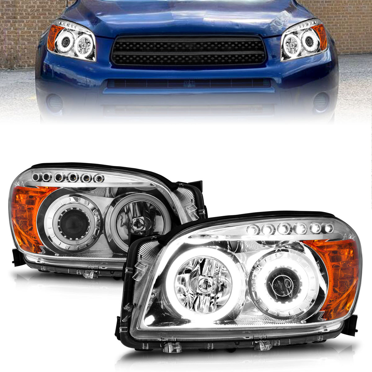 Headlight Set Projector w/Halo Chrome Housing Pair CCFL Projector W/Halo Clear Lens Toyota RAV4 2006-2008 AnzoUSA-3