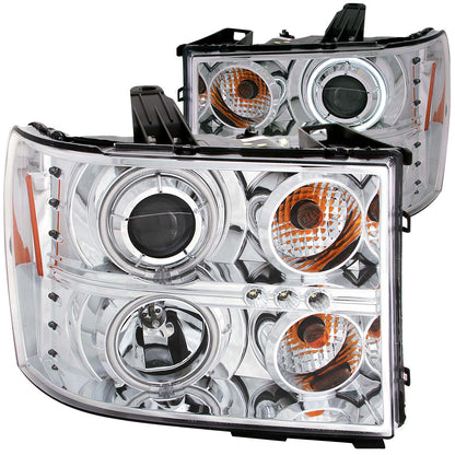 Headlight Set Projector w/Halo Clear Lens Chrome Housing Pair CCFL GMC Sierra 1500 2007-2013, 2500 HD/3500 HD 2007-2014 AnzoUSA