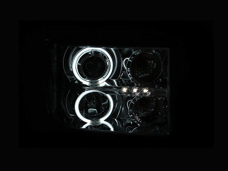 Headlight Set Projector w/Halo Clear Lens Chrome Housing Pair CCFL GMC Sierra 1500 2007-2013, 2500 HD/3500 HD 2007-2014 AnzoUSA-2