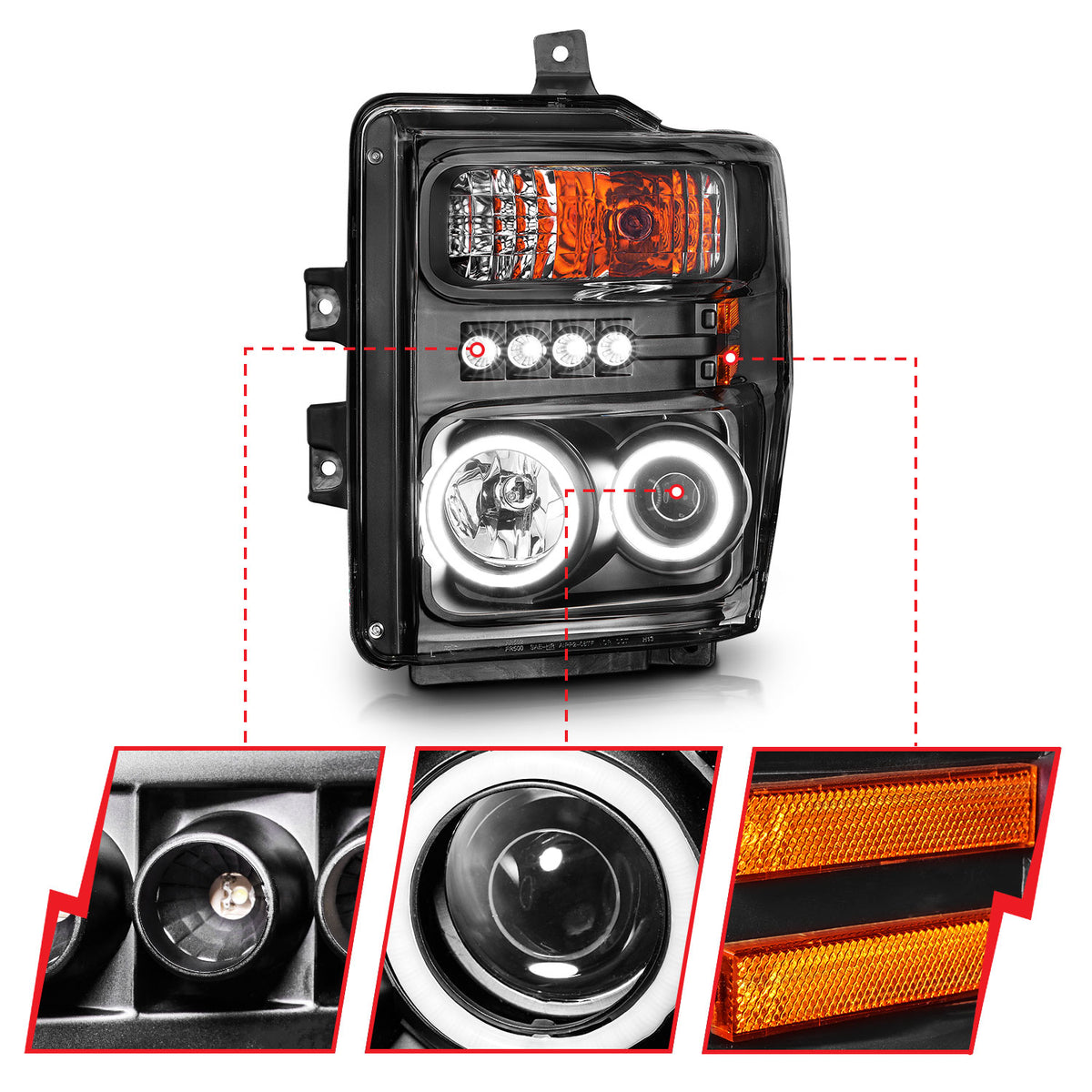 Headlight Set Projector w/Halo Clear Lens Black Housing Pair CCFL Does Not Fit Models With Sealed Beam Headlights Ford F-250 Super Duty/F-350/F-450 Super Duty 2008-2010 AnzoUSA-5