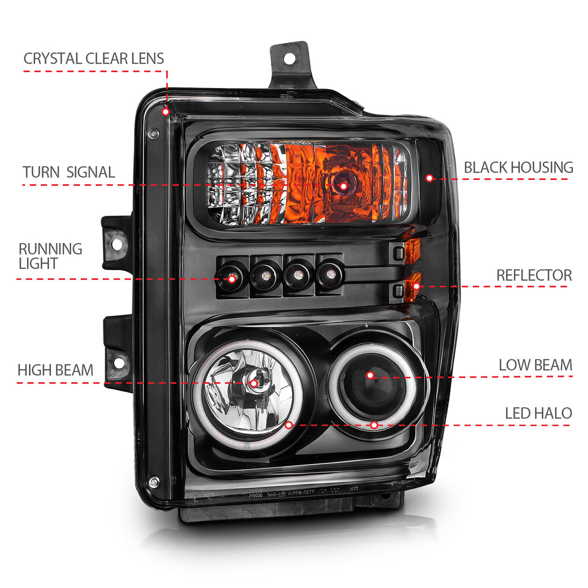 Headlight Set Projector w/Halo Clear Lens Black Housing Pair CCFL Does Not Fit Models With Sealed Beam Headlights Ford F-250 Super Duty/F-350/F-450 Super Duty 2008-2010 AnzoUSA-6