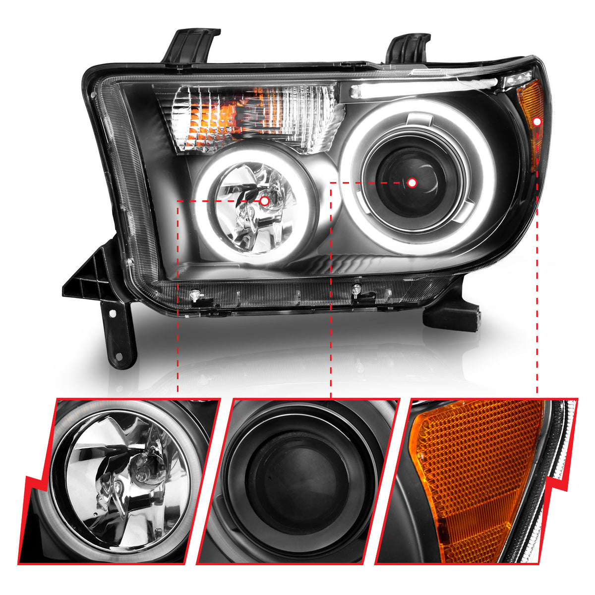 Headlight Set Projector w/Halo Clear Lens Black Housing Pair CCFL Does Not Fit Models With Auto Leveling Headlights Toyota Sequoia 2008-2017, Toyota Tundra 2007-2013 AnzoUSA-5