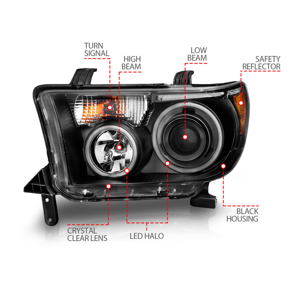 Headlight Set Projector w/Halo Clear Lens Black Housing Pair CCFL Does Not Fit Models With Auto Leveling Headlights Toyota Sequoia 2008-2017, Toyota Tundra 2007-2013 AnzoUSA-6