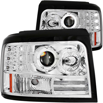 Headlight Set Projector w/Halo Clear Lens Chrome Housing Pair W/Side Marker And Parking Lights Ford Bronco/F-150/F-250 1992-1996, Ford F-250 HD 1997, Ford F-350 1992-1998 AnzoUSA