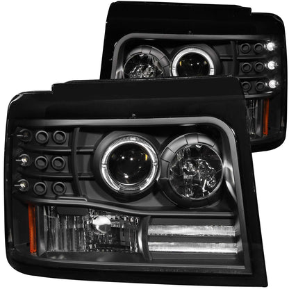 Headlight Set Projector w/Halo Clear Lens Black Housing Pair W/Side Marker And Parking Lights Ford Bronco/F-150/F-250 1992-1996, Ford F-250 HD 1997, Ford F-350 1992-1998 AnzoUSA