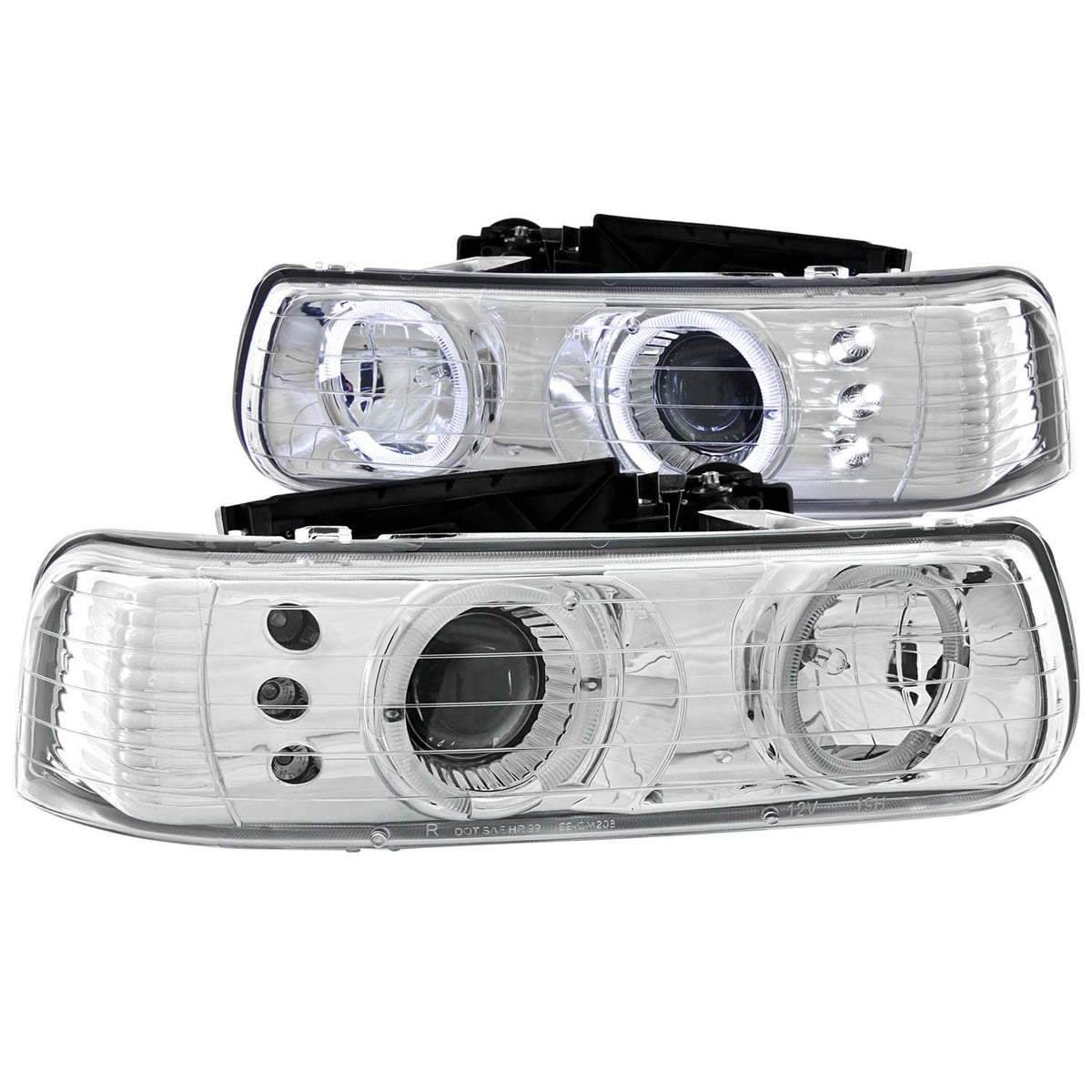 Headlight Set Projector w/Halo Clear Lens Chrome Housing Pair Chevrolet Silverado 1500/2500 1999-2002, 1500 HD/2500 HD/3500 2001-2002, Chevrolet Suburban 1500/2500/Tahoe 2000-2006 AnzoUSA
