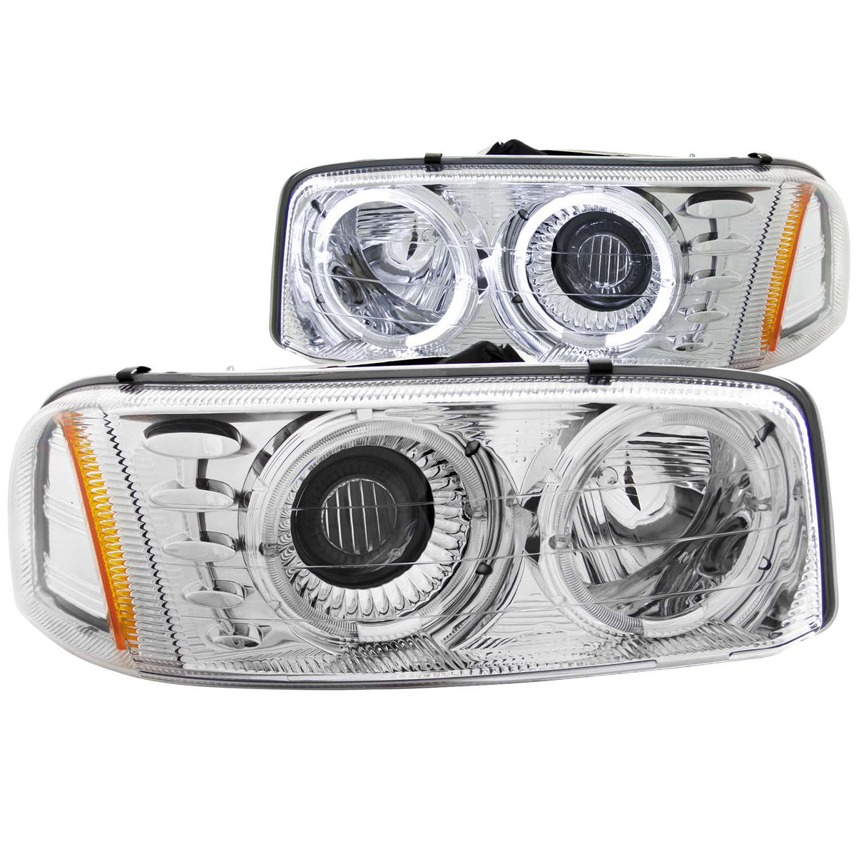 Headlight Set Projector w/Halo Clear Lens Chrome Housing Pair CCFL GMC Sierra 1500 1999-2007, 1500 HD/2500 HD/3500 2001-2007, GMC Sierra 2500 1999-2004, GMC Yukon/XL 1500/XL 2500 2000-2006 AnzoUSA