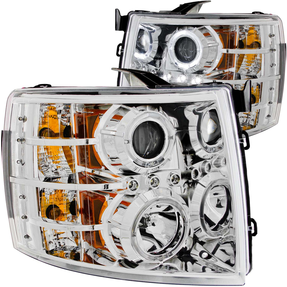 Headlight Set Projector w/Halo Clear Lens Chrome Housing Pair Chevrolet Silverado 1500 2007-2013, 2500 HD/3500 HD 2007-2014 AnzoUSA