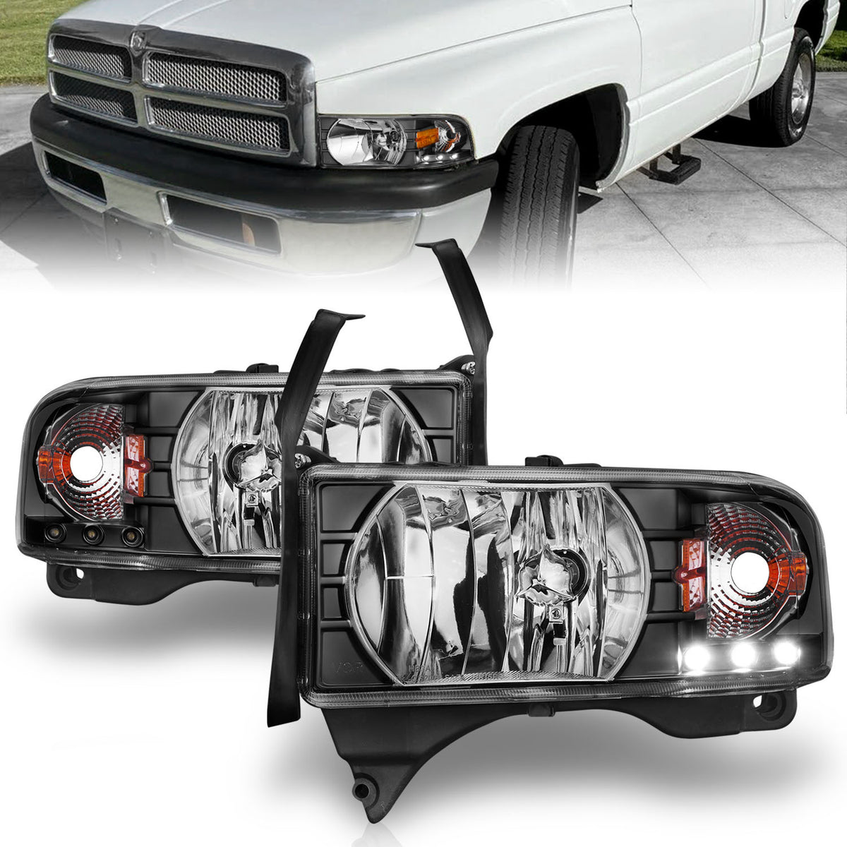 Headlight Set Crystal Clear Lens Black Housing Pair w/1 Pc. LED Does Not Fit Ram Models With Sport Package Dodge Ram 1500 1994-2001, Dodge Ram 2500/3500 1994-2002 AnzoUSA-3