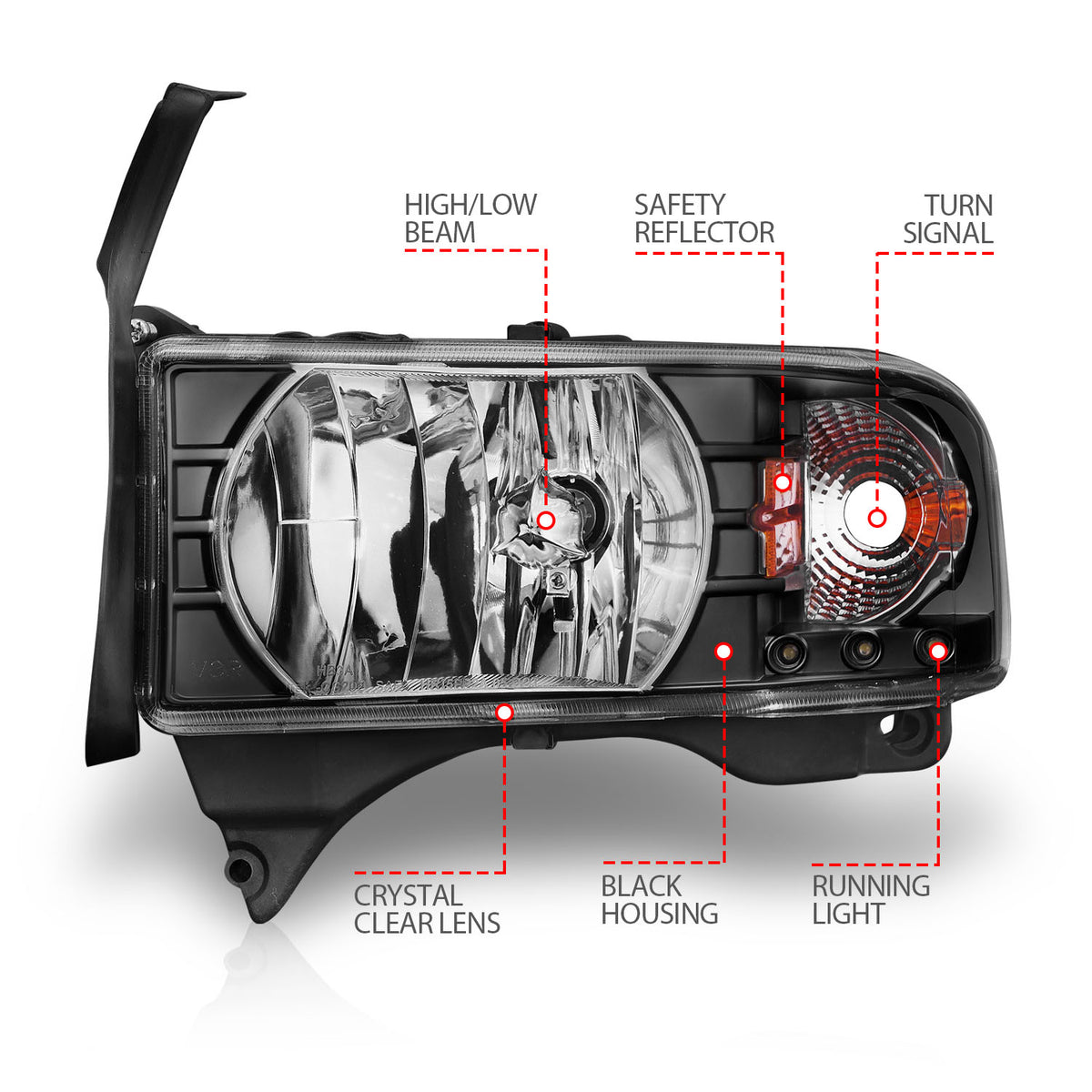 Headlight Set Crystal Clear Lens Black Housing Pair w/1 Pc. LED Does Not Fit Ram Models With Sport Package Dodge Ram 1500 1994-2001, Dodge Ram 2500/3500 1994-2002 AnzoUSA-6