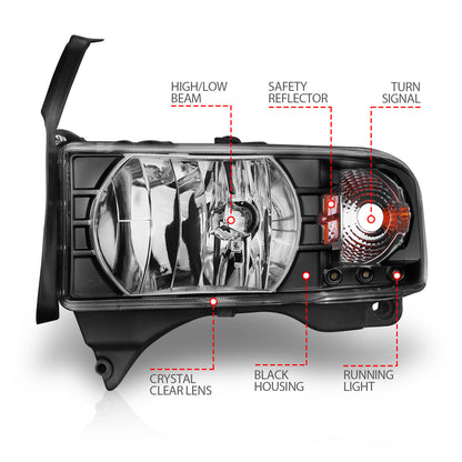 Headlight Set Crystal Clear Lens Black Housing Pair w/1 Pc. LED Does Not Fit Ram Models With Sport Package Dodge Ram 1500 1994-2001, Dodge Ram 2500/3500 1994-2002 AnzoUSA-6