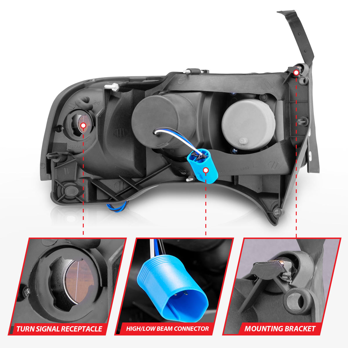 Headlight Set Crystal Clear Lens Black Housing Pair w/1 Pc. LED Does Not Fit Ram Models With Sport Package Dodge Ram 1500 1994-2001, Dodge Ram 2500/3500 1994-2002 AnzoUSA-7