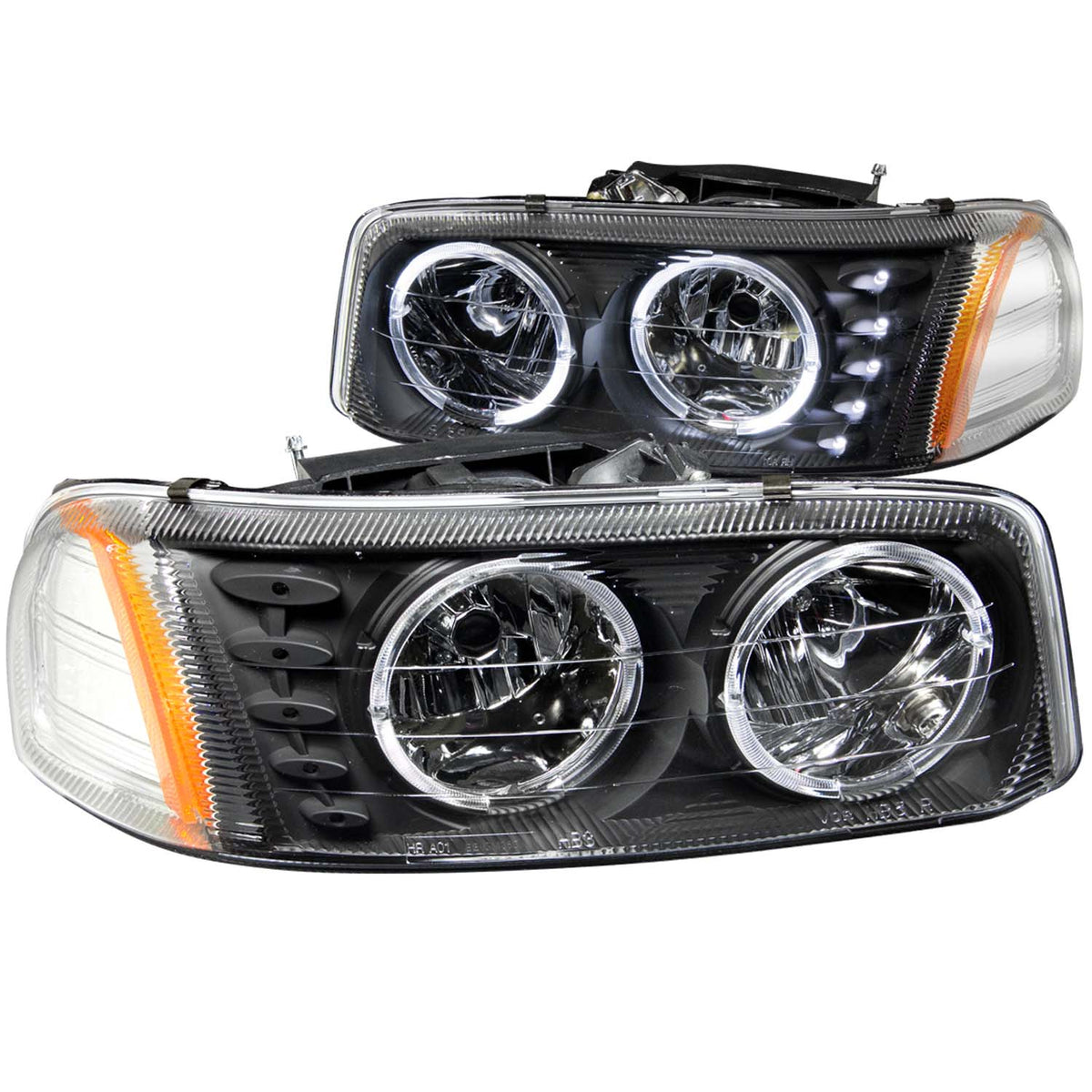 Headlight Set Crystal w/Halo Clear Lens Black Housing Pair w/1 Pc. LED GMC Sierra 1500 1999-2007, 1500 HD/2500 HD/3500 2001-2007, GMC Sierra 2500 1999-2004, GMC Yukon/XL 1500/XL 2500 2000-2006 AnzoUSA