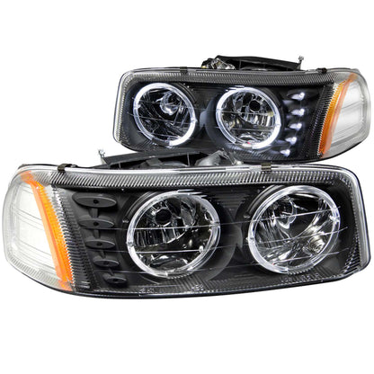 Headlight Set Crystal w/Halo Clear Lens Black Housing Pair w/1 Pc. LED GMC Sierra 1500 1999-2007, 1500 HD/2500 HD/3500 2001-2007, GMC Sierra 2500 1999-2004, GMC Yukon/XL 1500/XL 2500 2000-2006 AnzoUSA