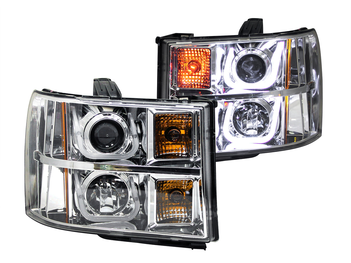 Headlight Set Projector Clear Lens Chrome Housing Pair W/U-Bar Does Not Fit Models With Factory HID Bulbs GMC Sierra 1500 2007-2013, 2500 HD/3500 HD 2007-2014 AnzoUSA