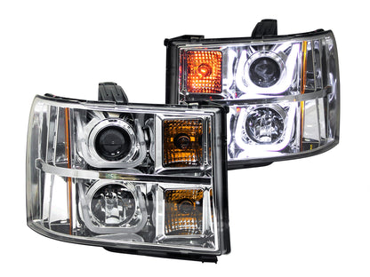 Headlight Set Projector Clear Lens Chrome Housing Pair W/U-Bar Does Not Fit Models With Factory HID Bulbs GMC Sierra 1500 2007-2013, 2500 HD/3500 HD 2007-2014 AnzoUSA