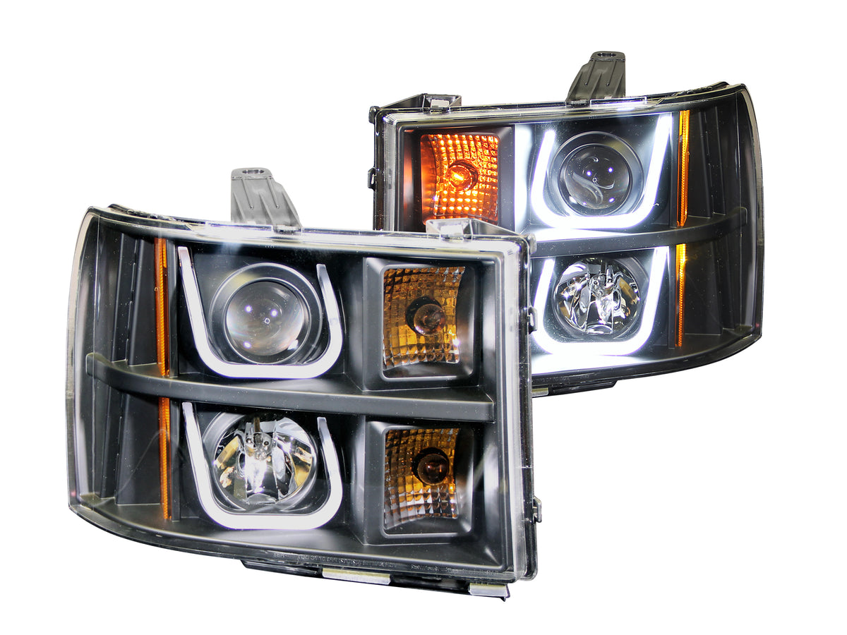 Headlight Set Projector Clear Lens Black Housing Pair W/U-Bar Does Not Fit Models With Factory HID Bulbs GMC Sierra 1500 2007-2013, 2500 HD/3500 HD 2007-2014 AnzoUSA
