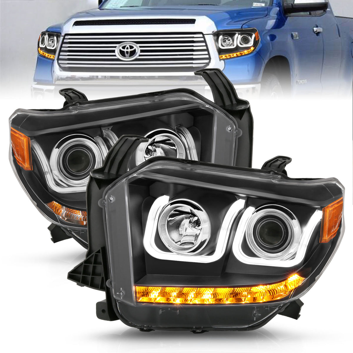Headlight Set Projector Clear Lens Black Housing Pair W/U-Bar/DRL Toyota Tundra 2014-2015 AnzoUSA-3