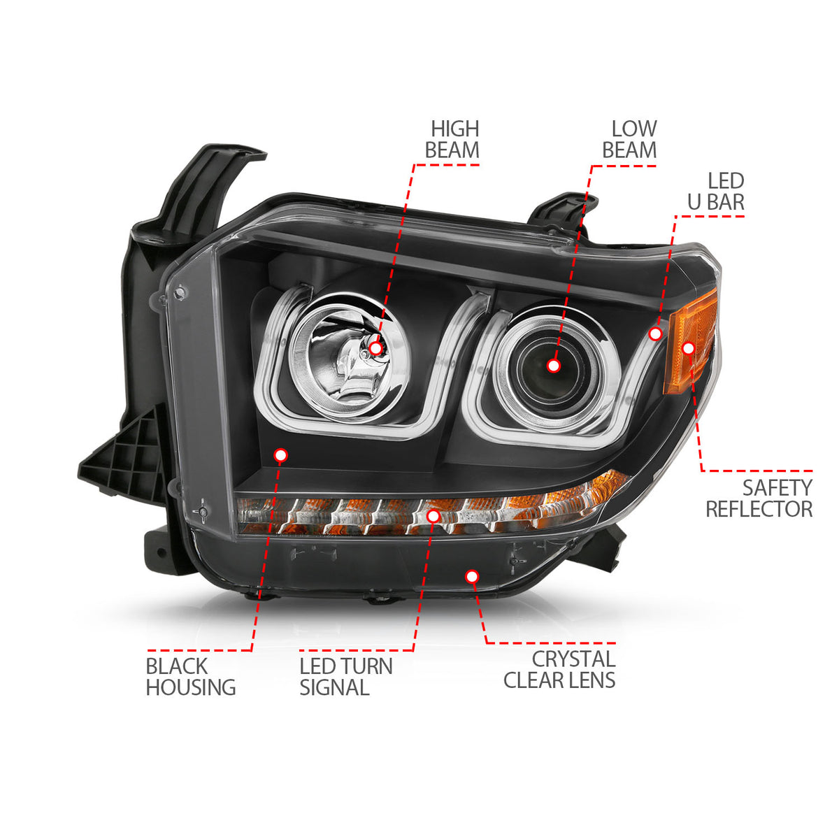 Headlight Set Projector Clear Lens Black Housing Pair W/U-Bar/DRL Toyota Tundra 2014-2015 AnzoUSA-6