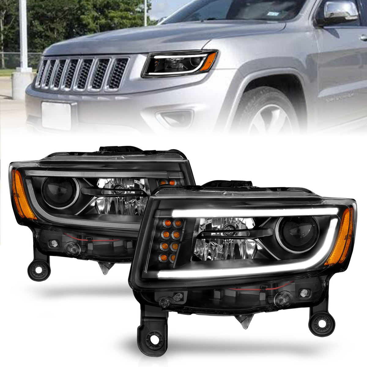 Headlight Set Projector Clear Lens Black Housing Pair W/Plank Style Design Jeep Grand Cherokee 2014-2016 AnzoUSA-3