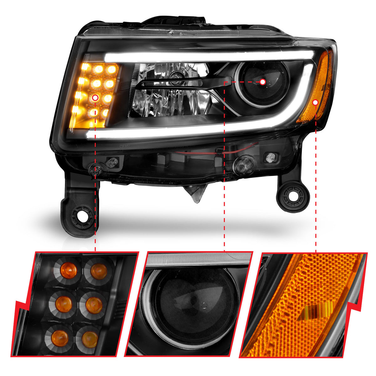 Headlight Set Projector Clear Lens Black Housing Pair W/Plank Style Design Jeep Grand Cherokee 2014-2016 AnzoUSA-5