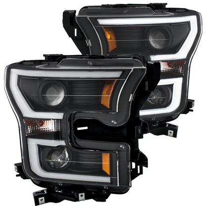 Headlight Set Projector Amber Lens Black Housing Pair W/Plank Style Design Ford F-150 2015-2017 AnzoUSA