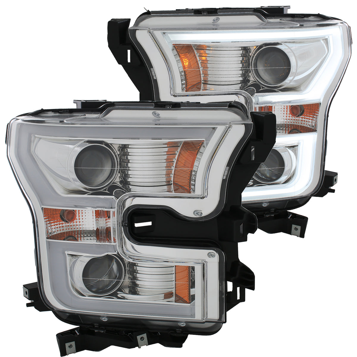 Headlight Set Projector Amber Lens Chrome Housing Pair W/Plank Style Design Ford F-150 2015-2017 AnzoUSA