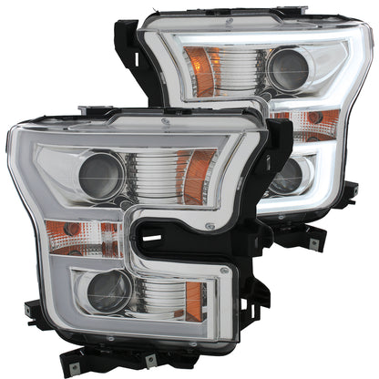 Headlight Set Projector Amber Lens Chrome Housing Pair W/Plank Style Design Ford F-150 2015-2017 AnzoUSA