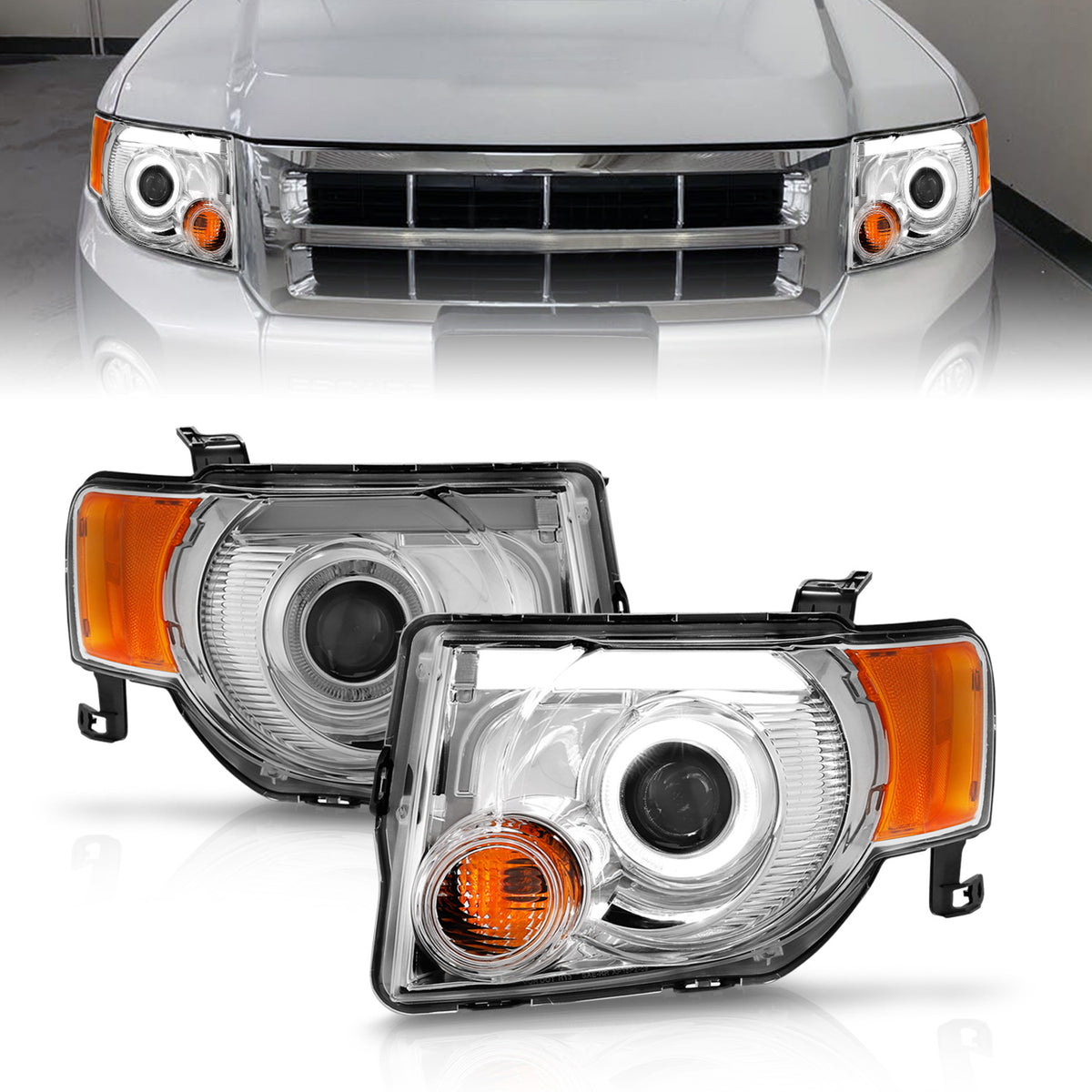Headlight Set Projector Clear Lens Plank Style Black Housing W/Chrome/Amber Trim Pair Ford Escape 2008-2012 AnzoUSA-3