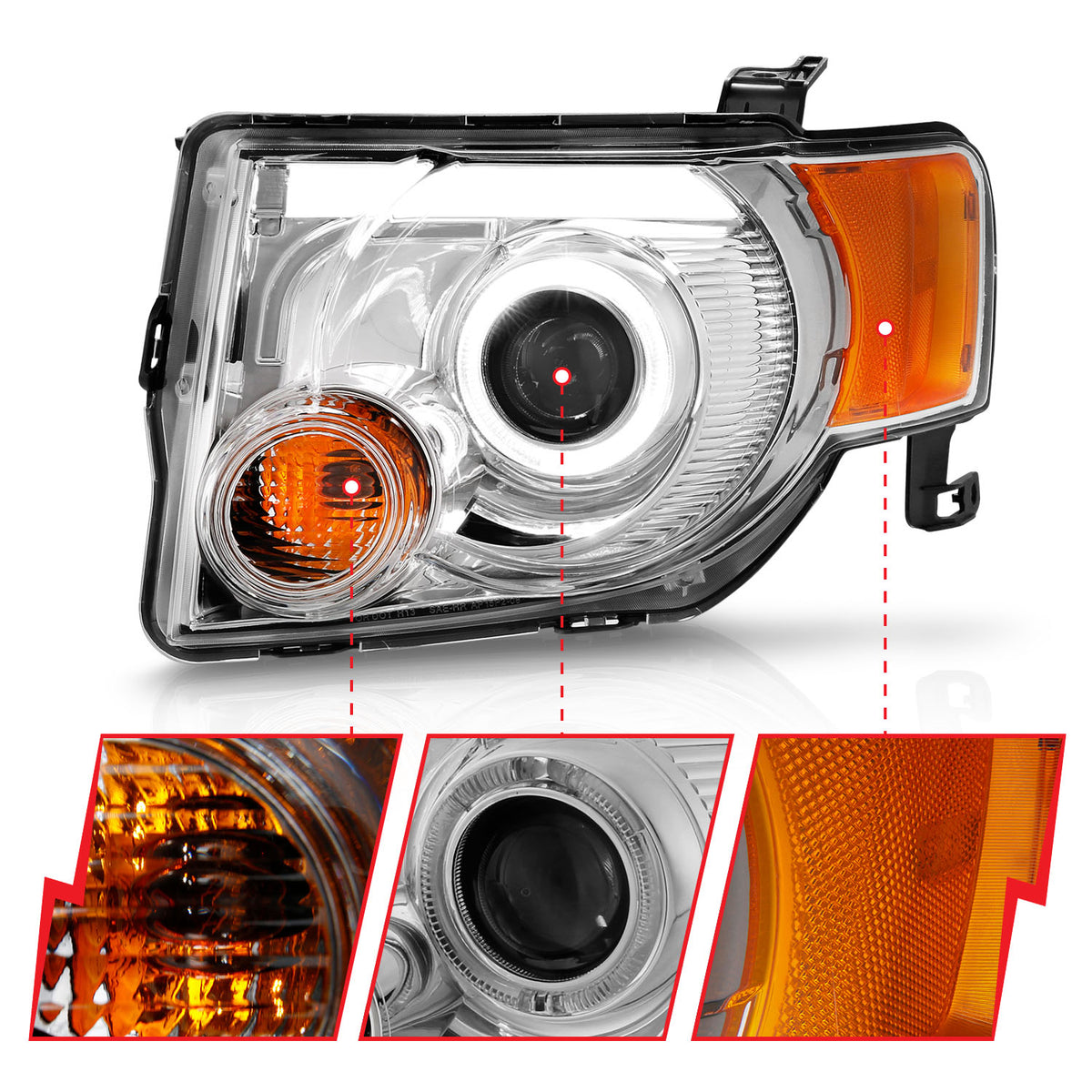Headlight Set Projector Clear Lens Plank Style Black Housing W/Chrome/Amber Trim Pair Ford Escape 2008-2012 AnzoUSA-5