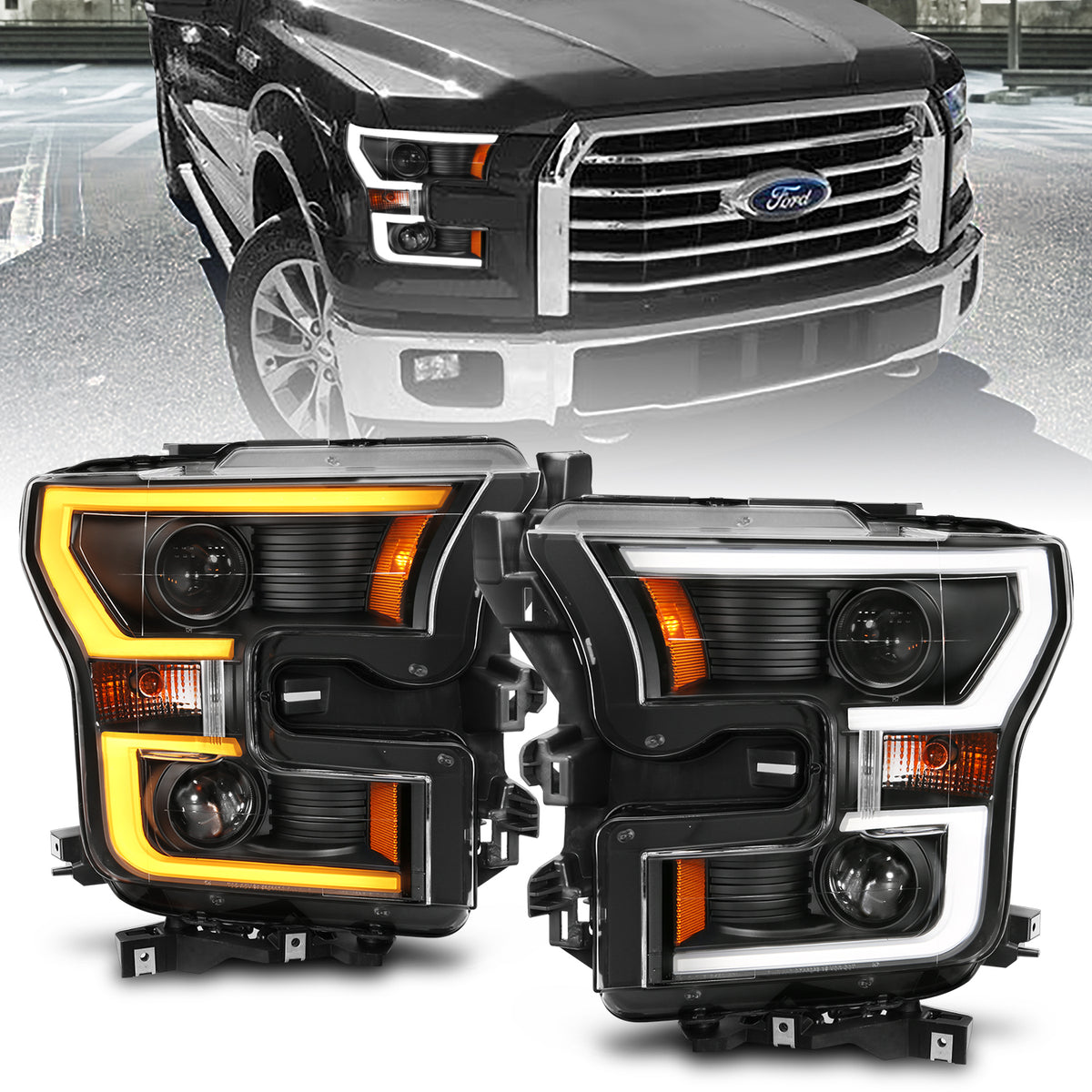 Projector Headlights W/ Plank Style Switchback Black W/ Amber Ford F-150 2015-2017 AnzoUSA