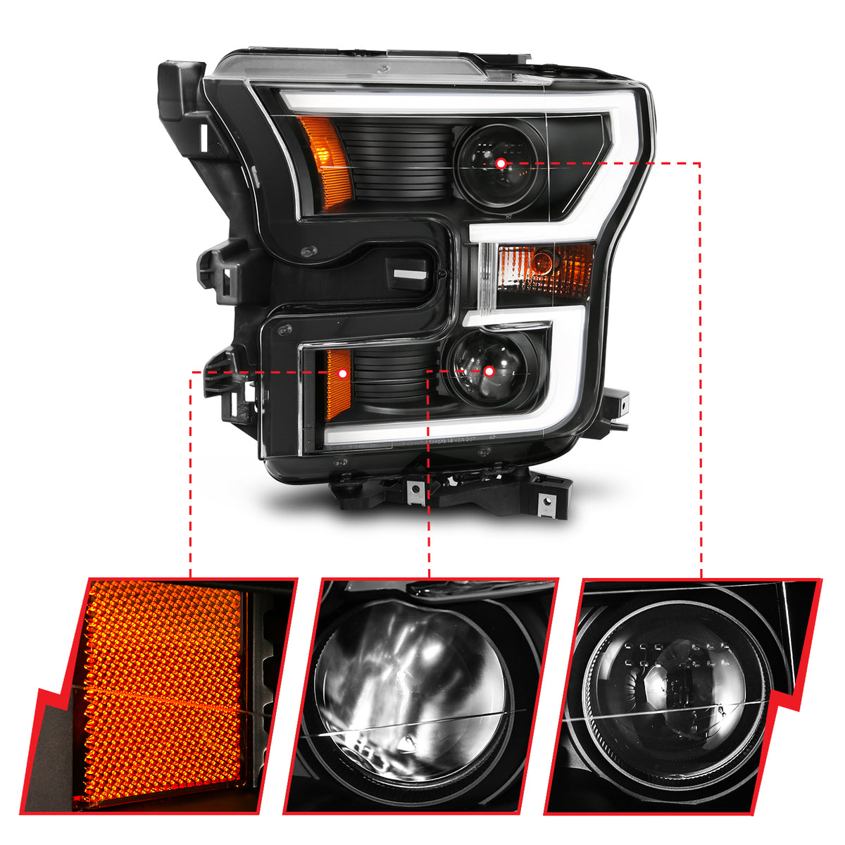 Projector Headlights W/ Plank Style Switchback Black W/ Amber Ford F-150 2015-2017 AnzoUSA-2