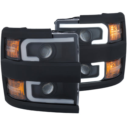 Headlight Set Projector Clear Lens Plank Style Black Housing W/Amber Black Trim Pair Chevrolet Silverado 2500 HD/3500 HD 2015-2019 AnzoUSA