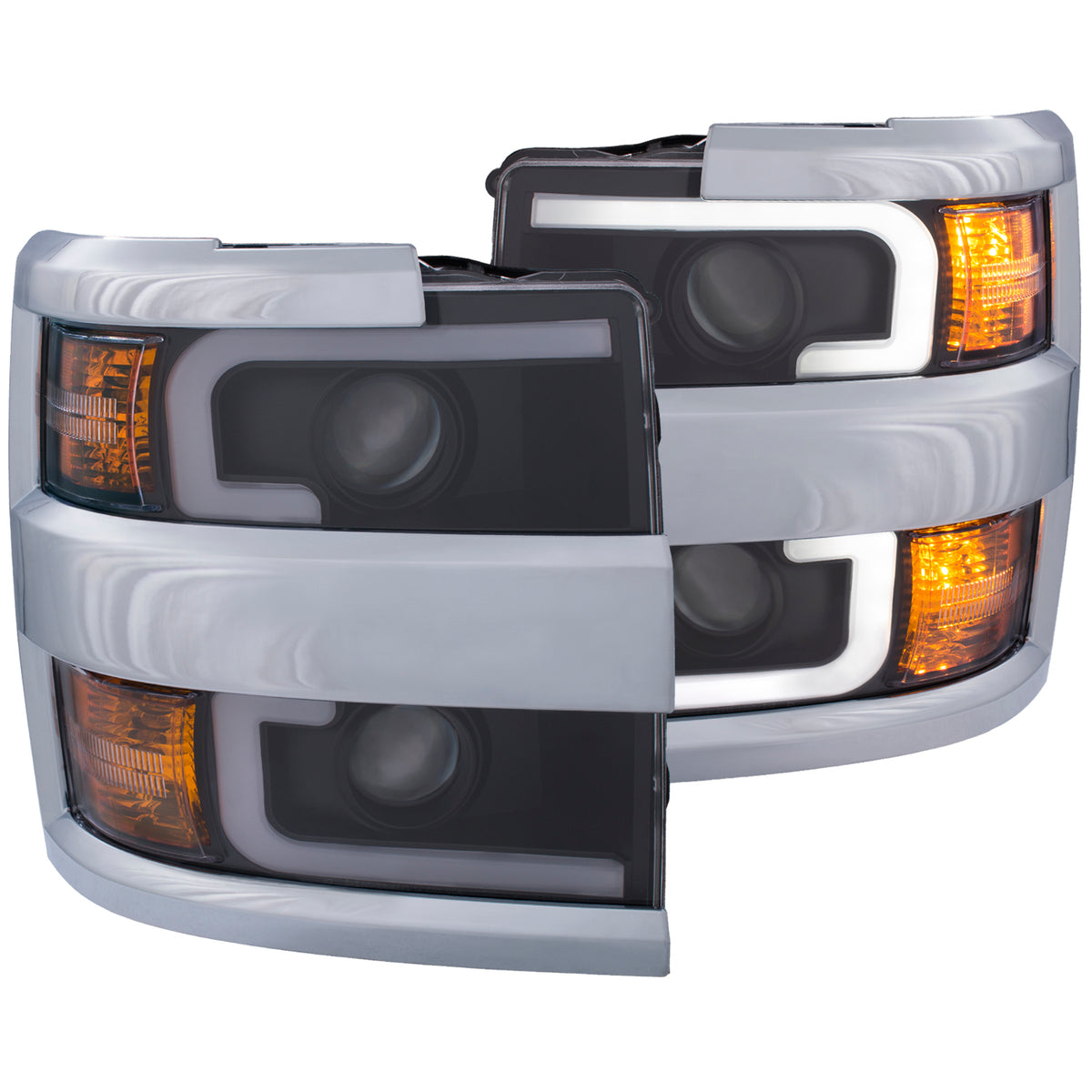 Headlight Set Projector Clear Lens Plank Style Switchback Black Housing Black Trim Pair Chevrolet Silverado 2500 HD/3500 HD 2015-2019 AnzoUSA