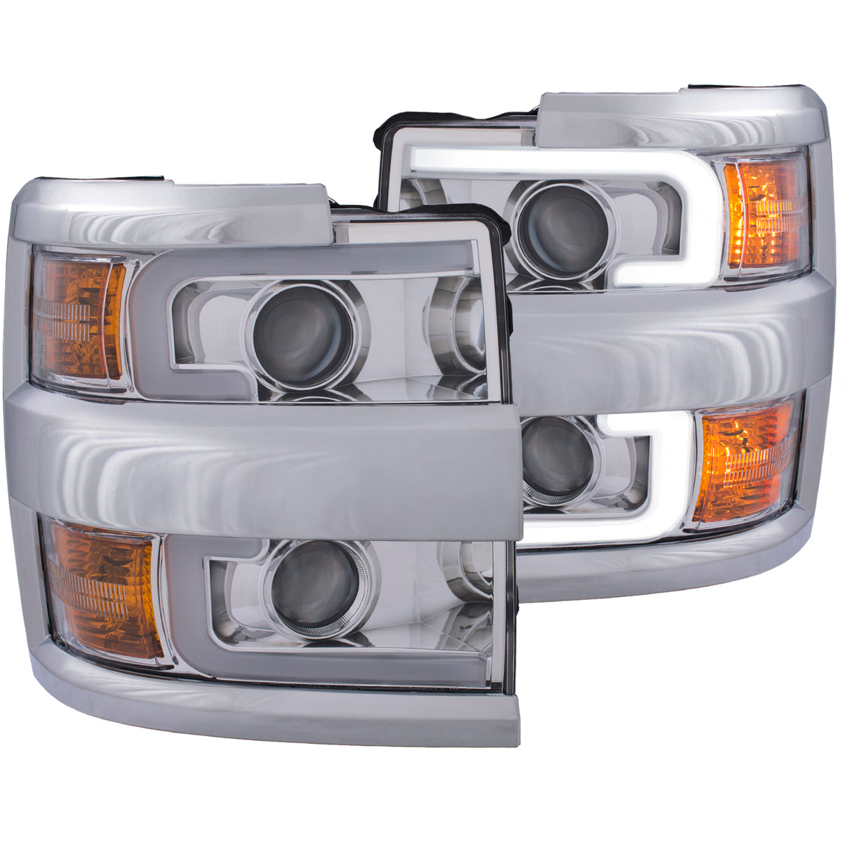 Headlight Set Projector Clear Lens Plank Style Switchback Chrome Housing W/Amber Black Trim Pair Chevrolet Silverado 2500 HD/3500 HD 2015-2019 AnzoUSA