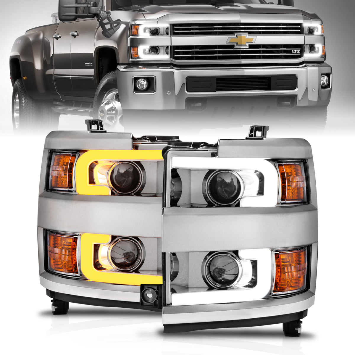 Headlight Set Projector Clear Lens Plank Style Switchback Chrome Housing W/Amber Black Trim Pair Chevrolet Silverado 2500 HD/3500 HD 2015-2019 AnzoUSA-6