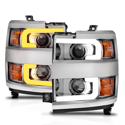 Headlight Set Projector Clear Lens Plank Style Switchback Chrome Housing W/Amber Black Trim Pair Chevrolet Silverado 2500 HD/3500 HD 2015-2019 AnzoUSA-7