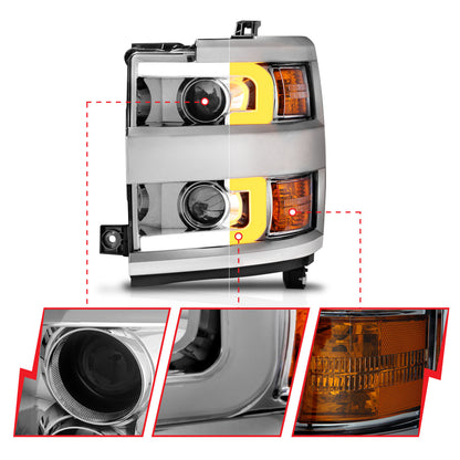 Headlight Set Projector Clear Lens Plank Style Switchback Chrome Housing W/Amber Black Trim Pair Chevrolet Silverado 2500 HD/3500 HD 2015-2019 AnzoUSA-8
