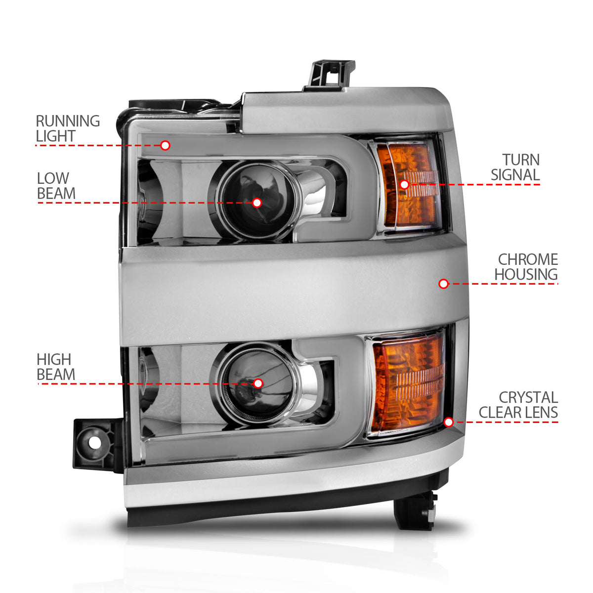 Headlight Set Projector Clear Lens Plank Style Switchback Chrome Housing W/Amber Black Trim Pair Chevrolet Silverado 2500 HD/3500 HD 2015-2019 AnzoUSA-9
