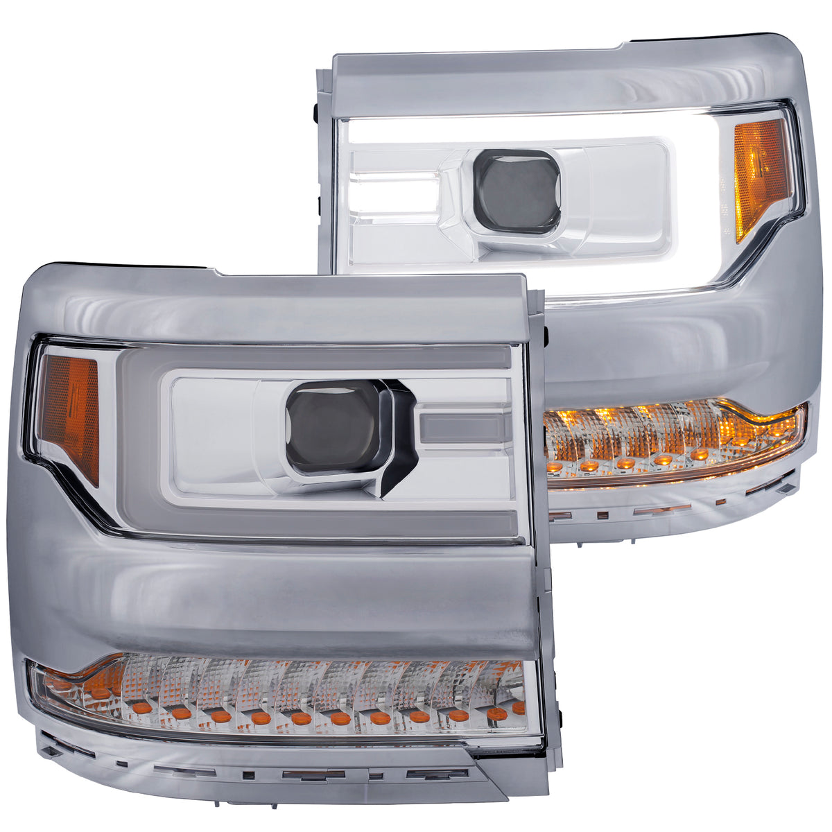Headlight Set Projector Clear Lens Chrome Housing Pair W/Plank Style Design W/Amber W/O HID Kits Chevrolet Silverado 1500 2016-2018 AnzoUSA